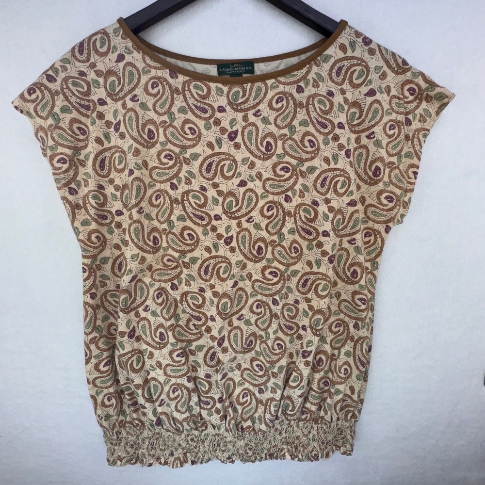 LRL Lauren Jeans Top Sz L Faux suede trim Beige Paisley knit cotton shirred hem